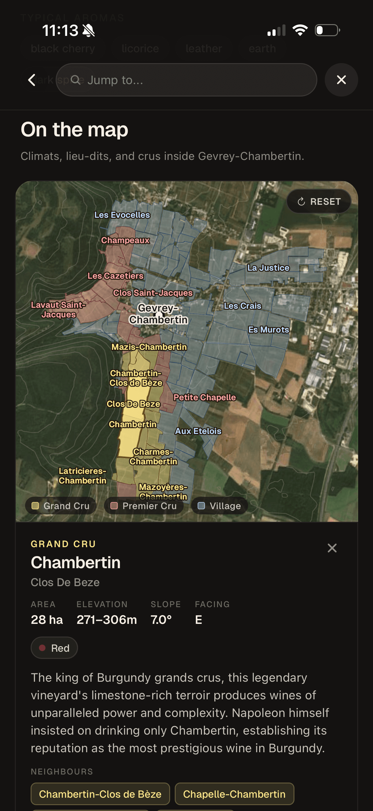 Cork appellation map of Gevrey-Chambertin with Chambertin Clos de Bèze Grand Cru selected