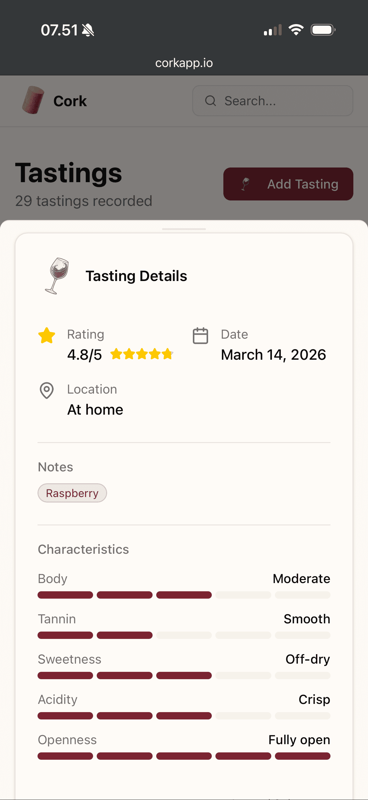 Cork tasting details with rating and characteristics