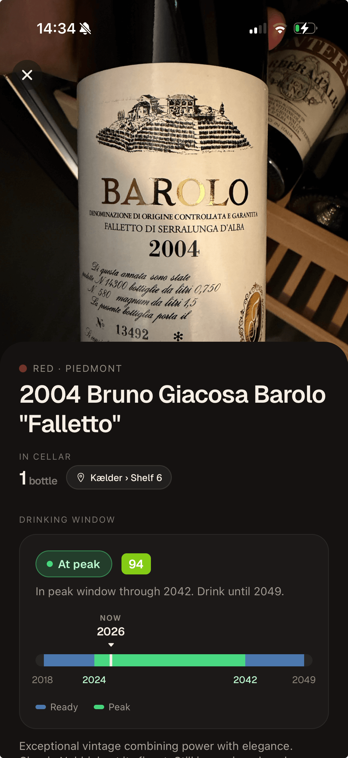 Cork wine detail for a 2004 Barolo showing peak drinking window, score, and storage location