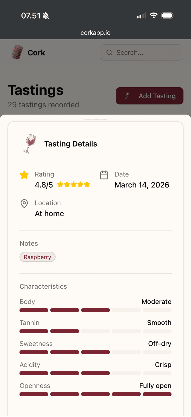 Cork tasting details with rating and characteristics