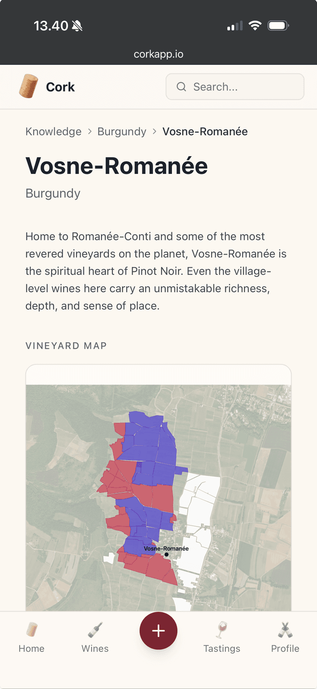 Cork vineyard map showing Burgundy appellations